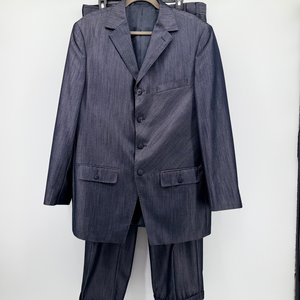 EJ Samuel Mens 2 Piece Suit Navy Blue Metallic Sheen 4 Button Blazer Pleated 42R